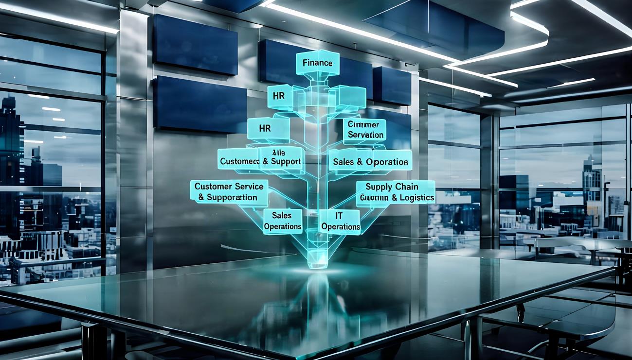 Holographic chart of business departments connected by automation