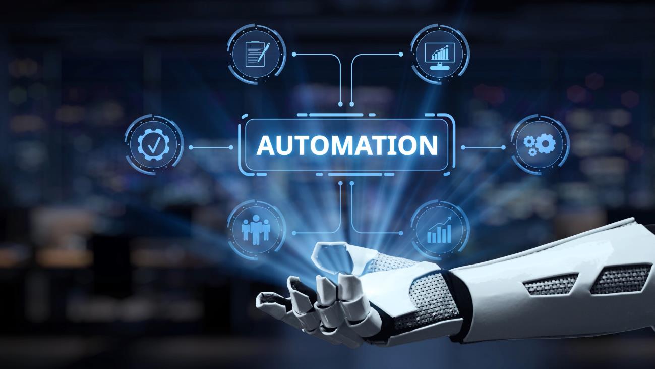Robotic hand presenting an automation workflow diagram