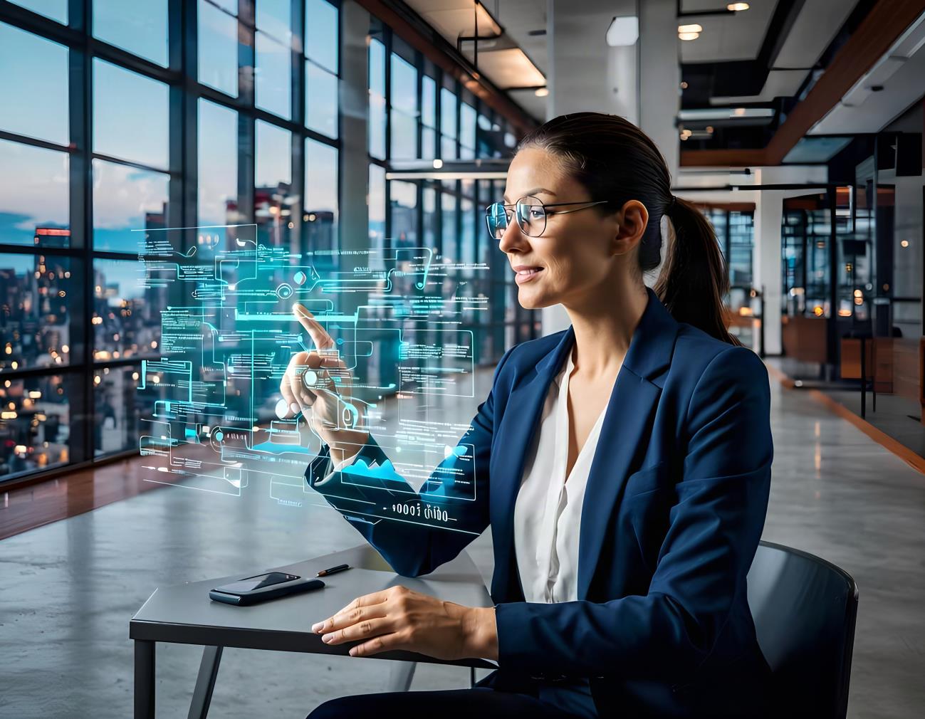 Professional using a holographic interface in a city office