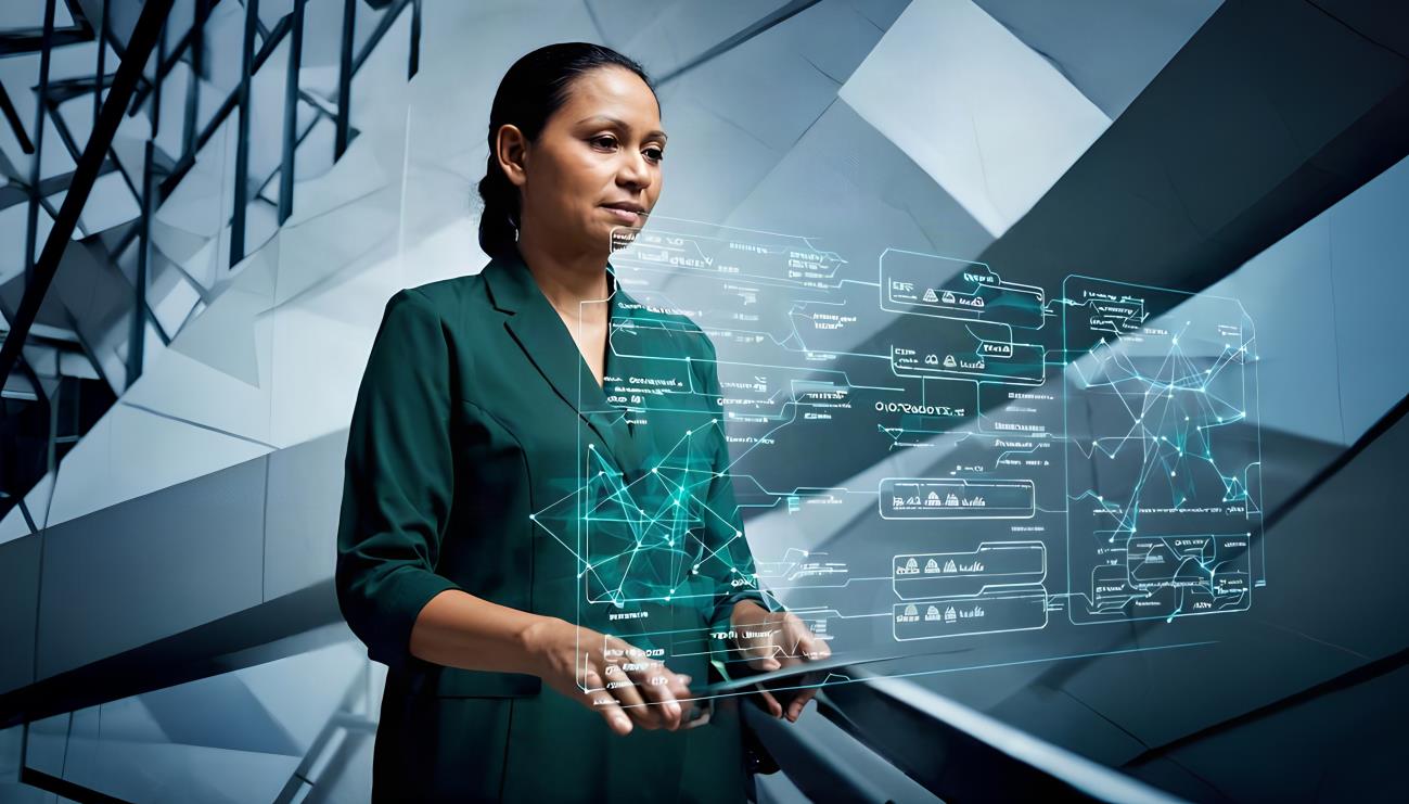 Professional working with holographic automation data in a modern office