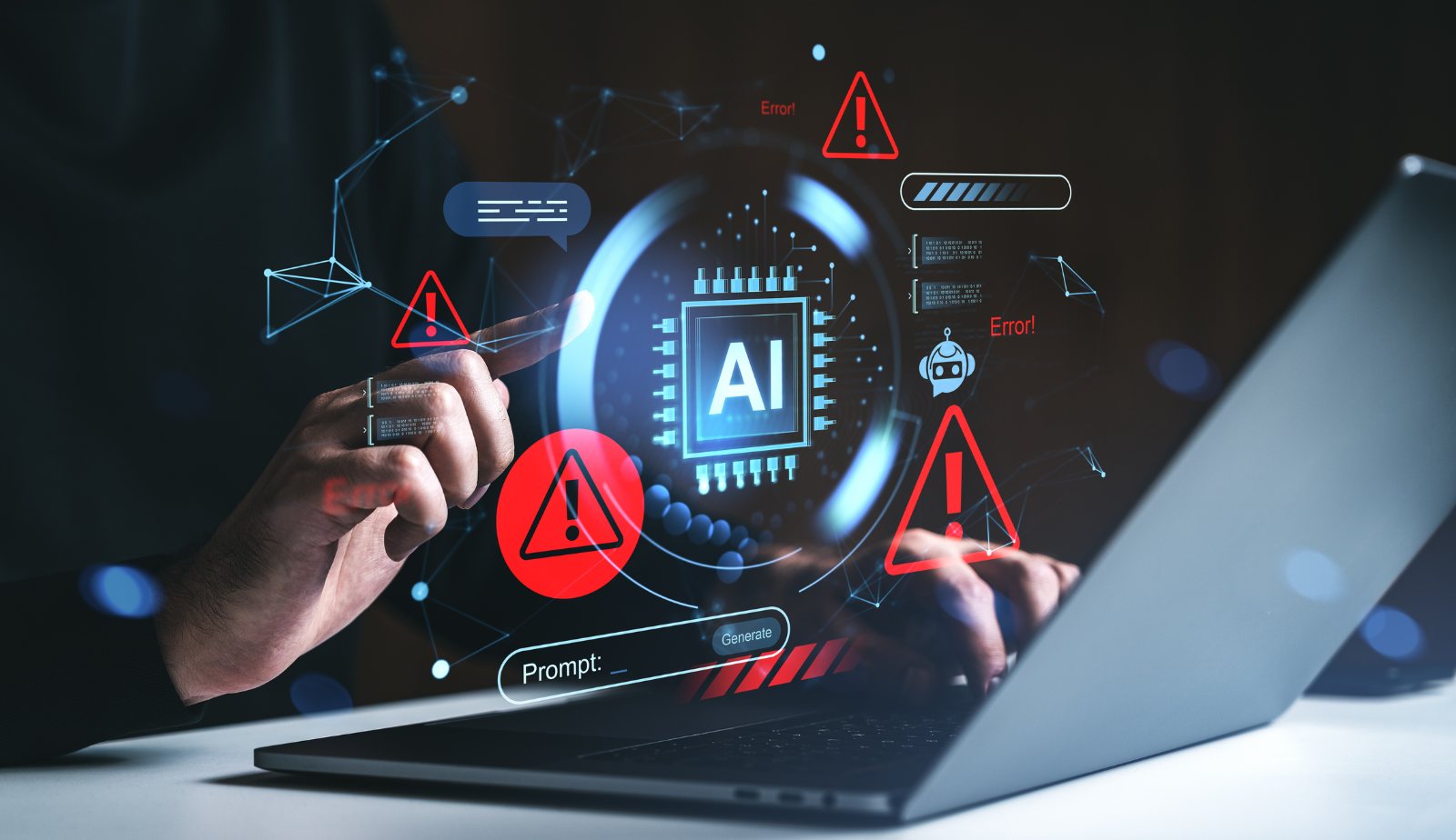 AI chip surrounded by attack warnings above a laptop prompt