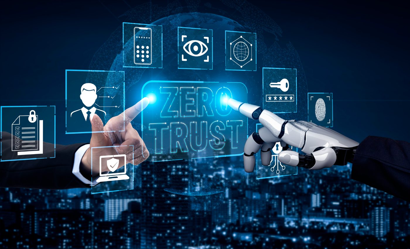 Human and robotic hands meeting at a Zero Trust security interface