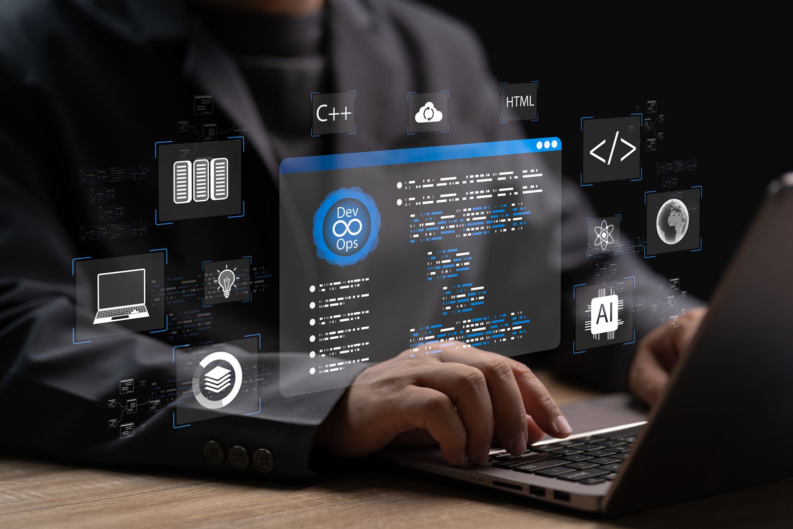 Developer working with DevOps tools on a laptop
