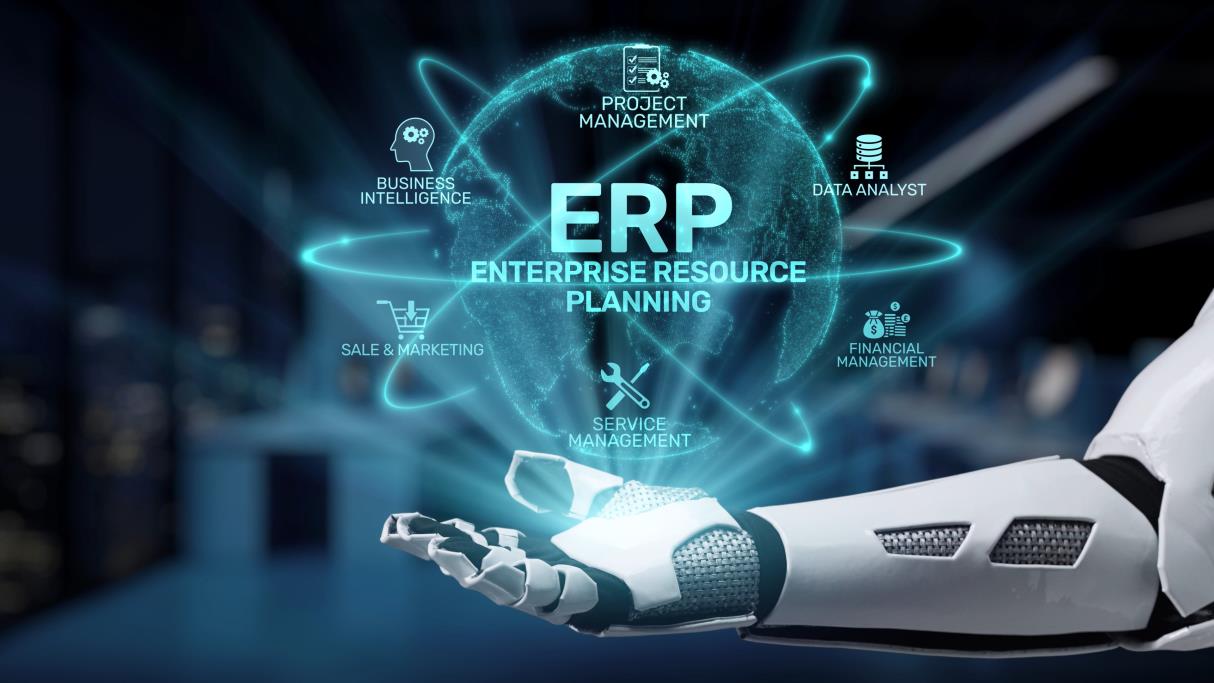 ERP enterprise resource planning modules held in a robotic hand